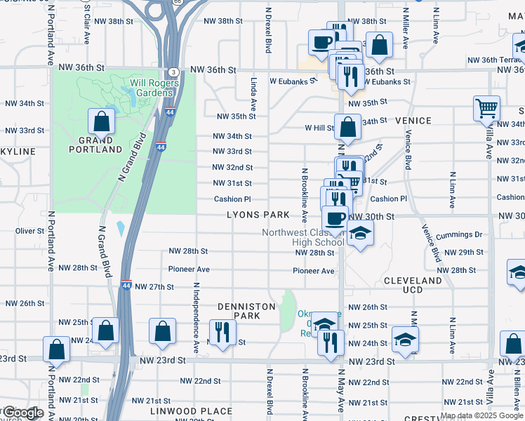 map of restaurants, bars, coffee shops, grocery stores, and more near 3105 Northwest 30th Street in Oklahoma City