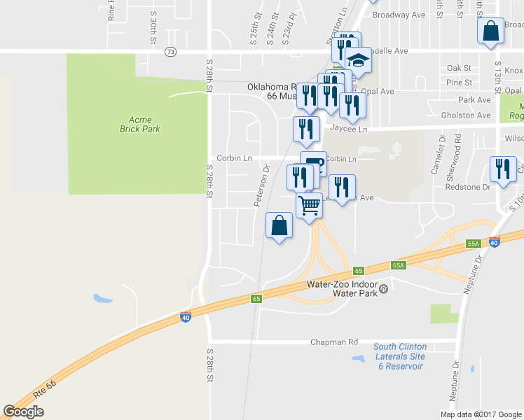 map of restaurants, bars, coffee shops, grocery stores, and more near 23 Peterson Drive in Clinton