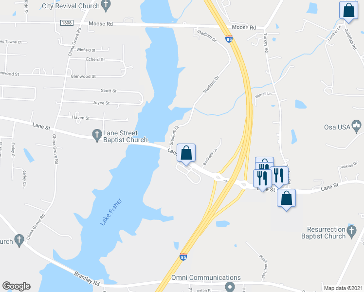 map of restaurants, bars, coffee shops, grocery stores, and more near 2711 Lane Street in Kannapolis