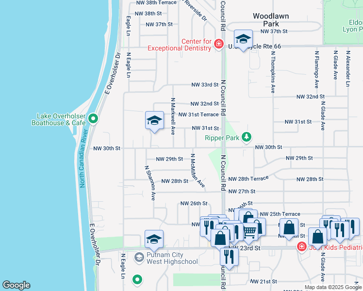 map of restaurants, bars, coffee shops, grocery stores, and more near 8104 Northwest 30th Street in Bethany