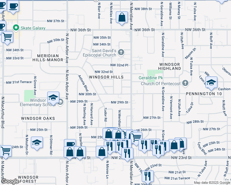 map of restaurants, bars, coffee shops, grocery stores, and more near 3100 Windsor Terrace in Oklahoma City