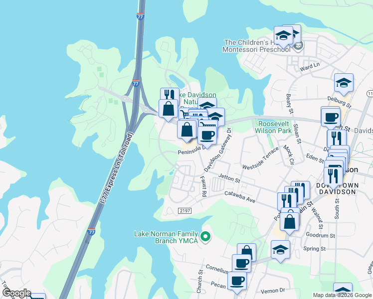 map of restaurants, bars, coffee shops, grocery stores, and more near 605 Jetton Street in Davidson