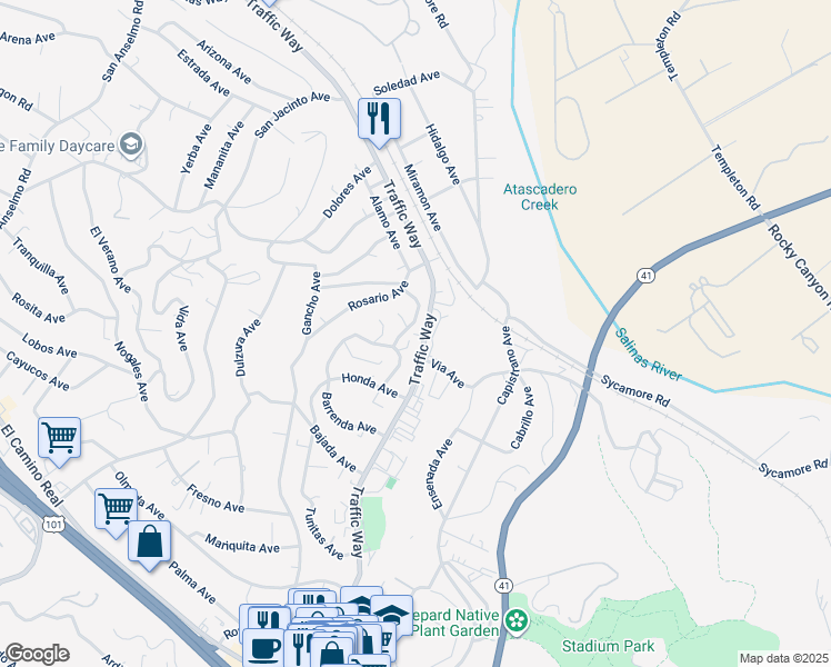 map of restaurants, bars, coffee shops, grocery stores, and more near 5181 Alamo Avenue in Atascadero