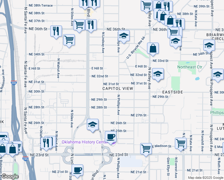 map of restaurants, bars, coffee shops, grocery stores, and more near 724 Northeast 30th Street in Oklahoma City