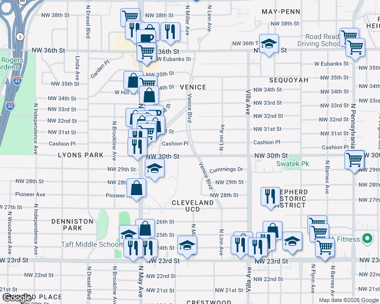 map of restaurants, bars, coffee shops, grocery stores, and more near 3101 Venice Boulevard in Oklahoma City