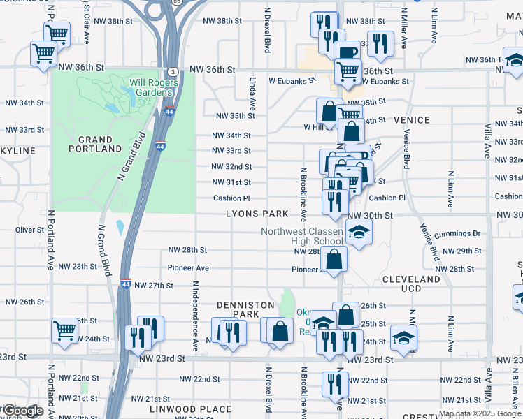 map of restaurants, bars, coffee shops, grocery stores, and more near 3105 Northwest 30th Street in Oklahoma City