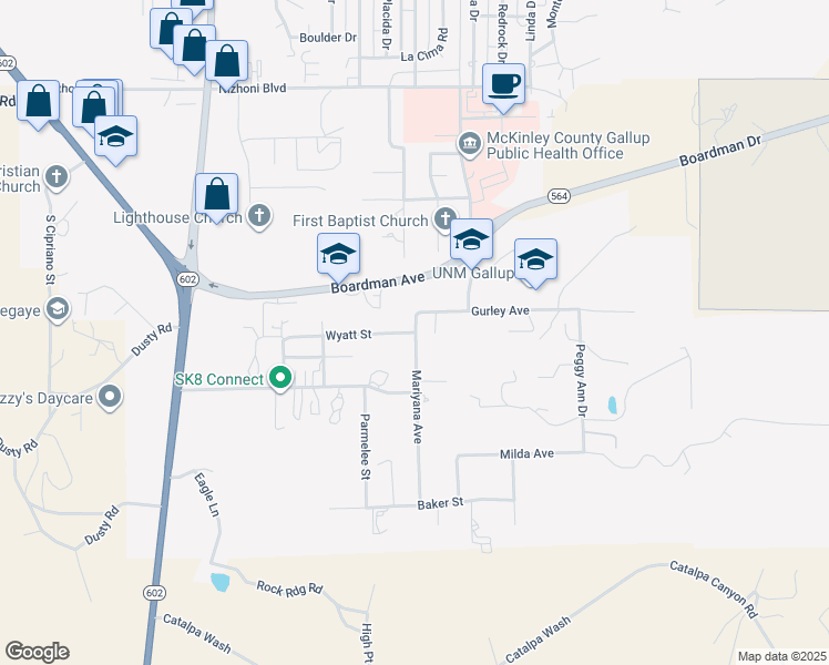 map of restaurants, bars, coffee shops, grocery stores, and more near 598 Wyatt Street in Gallup