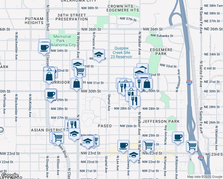 map of restaurants, bars, coffee shops, grocery stores, and more near 3101 North Shartel Avenue in Oklahoma City