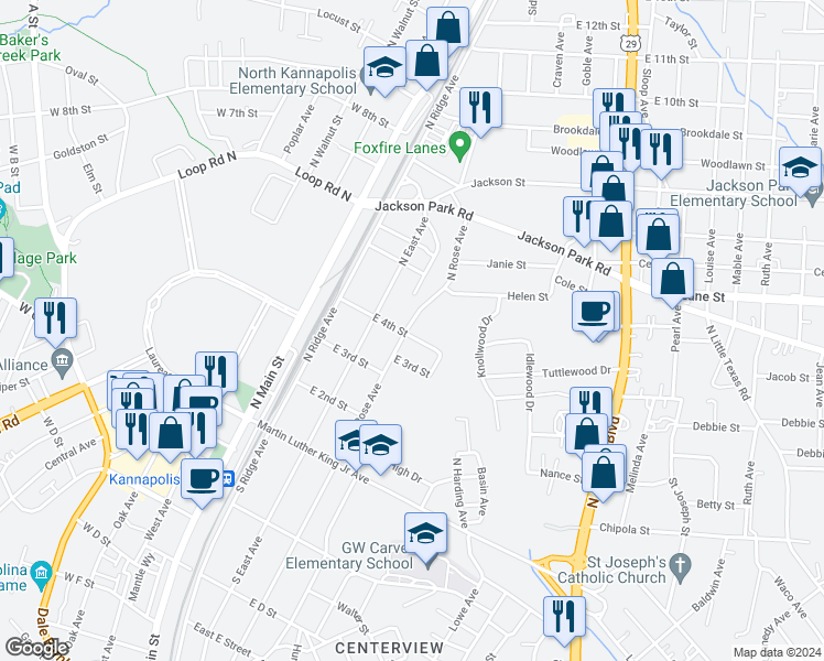 map of restaurants, bars, coffee shops, grocery stores, and more near 401 East 4th Street in Kannapolis