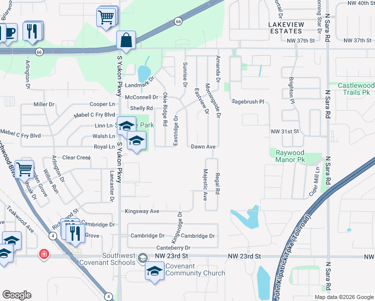 map of restaurants, bars, coffee shops, grocery stores, and more near 1200 Dawn Avenue in Yukon