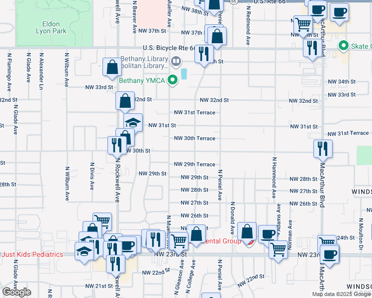 map of restaurants, bars, coffee shops, grocery stores, and more near 6704 Northwest 30th Street in Bethany