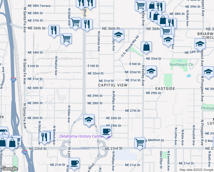 map of restaurants, bars, coffee shops, grocery stores, and more near 724 Northeast 30th Street in Oklahoma City