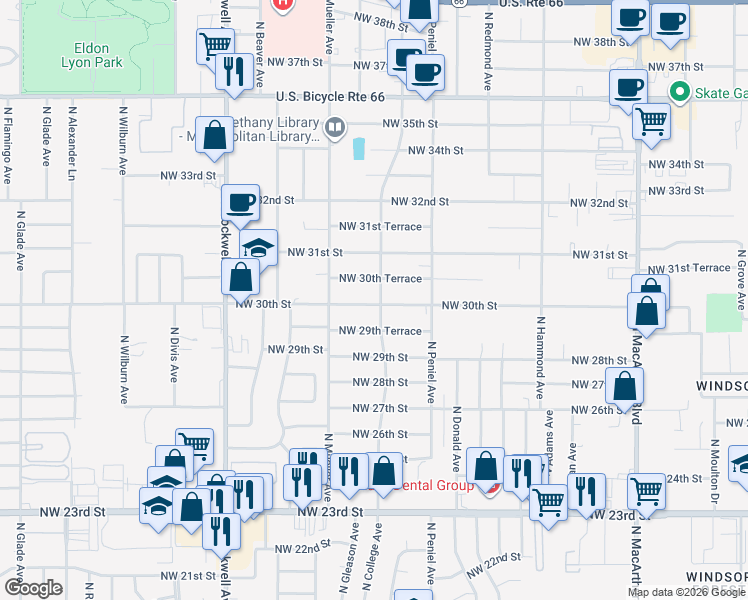 map of restaurants, bars, coffee shops, grocery stores, and more near 6704 Northwest 30th Street in Bethany