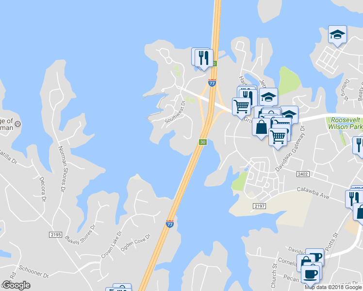 map of restaurants, bars, coffee shops, grocery stores, and more near 1300 Torrence Circle in Davidson