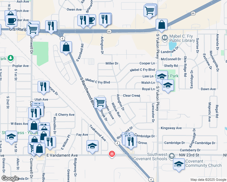 map of restaurants, bars, coffee shops, grocery stores, and more near 805 Clear Creek in Yukon