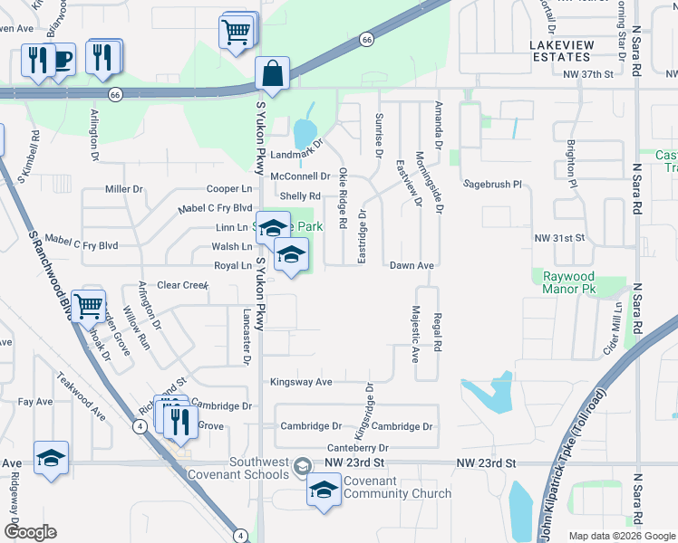 map of restaurants, bars, coffee shops, grocery stores, and more near 1160 Dawn Avenue in Yukon