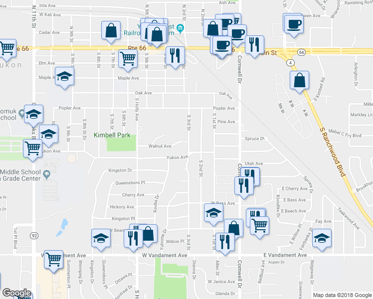 map of restaurants, bars, coffee shops, grocery stores, and more near 616 South 3rd Street in Yukon