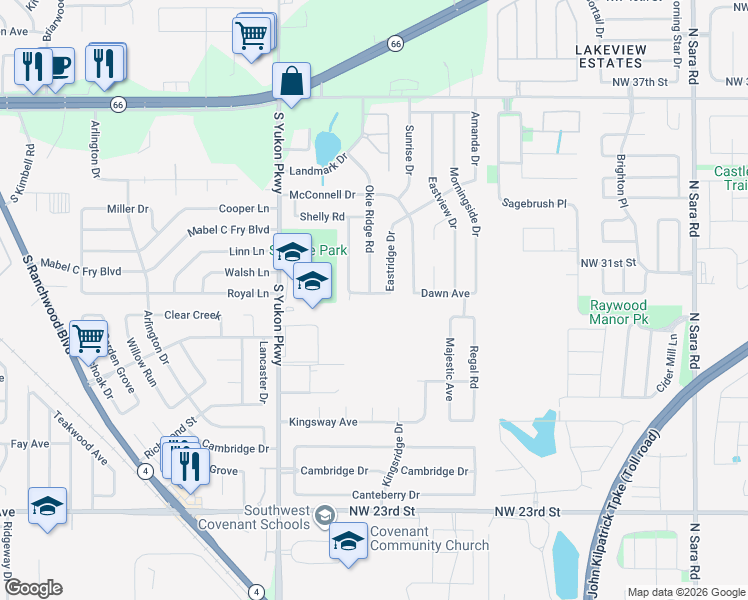map of restaurants, bars, coffee shops, grocery stores, and more near 1160 Dawn Avenue in Yukon