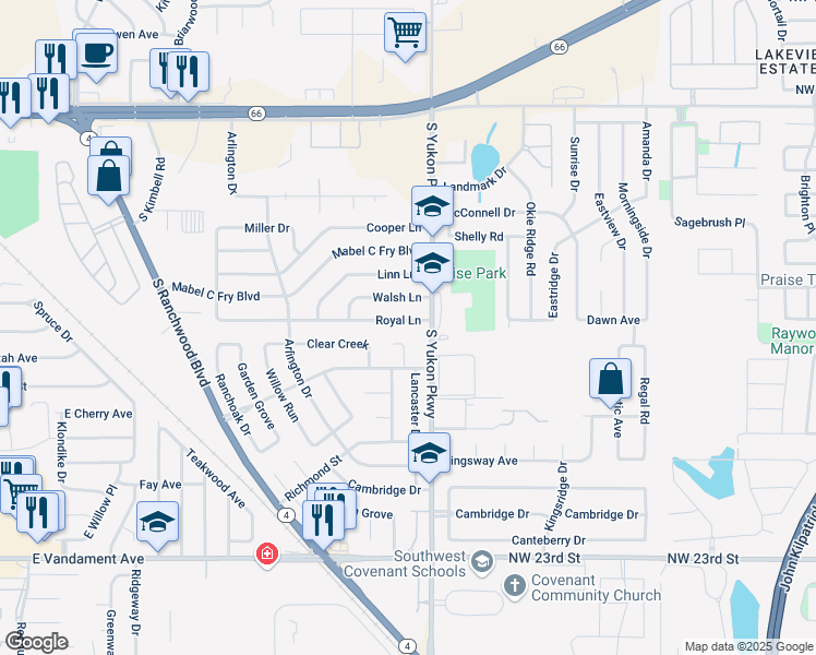 map of restaurants, bars, coffee shops, grocery stores, and more near 717 South Yukon Parkway in Yukon