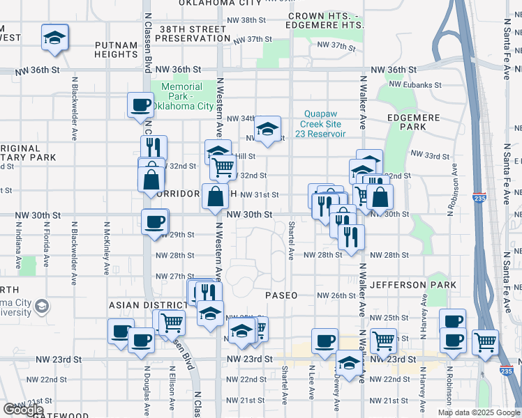 map of restaurants, bars, coffee shops, grocery stores, and more near 901 Northwest 30th Street in Oklahoma City