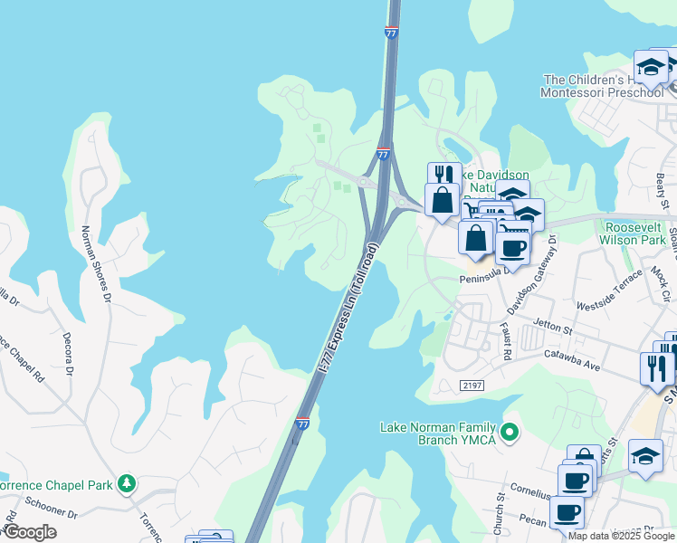 map of restaurants, bars, coffee shops, grocery stores, and more near 1328 Torrence Circle in Davidson