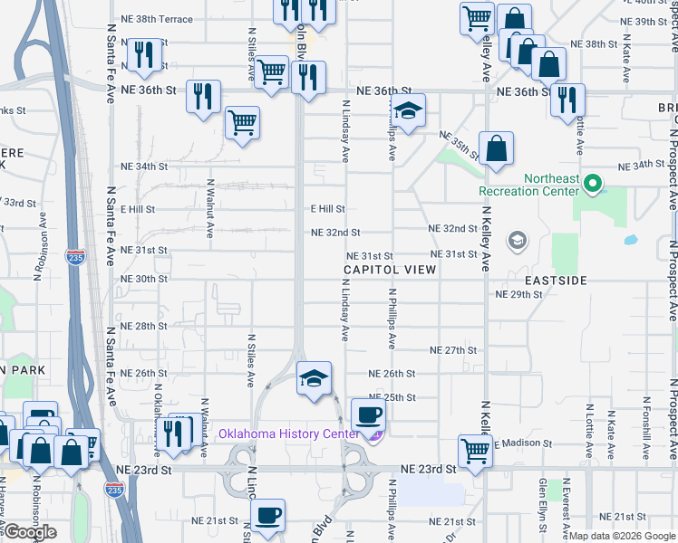 map of restaurants, bars, coffee shops, grocery stores, and more near 635 Northeast 30th Street in Oklahoma City