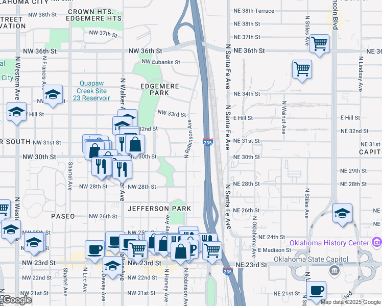 map of restaurants, bars, coffee shops, grocery stores, and more near 124 Northwest 30th Street in Oklahoma City