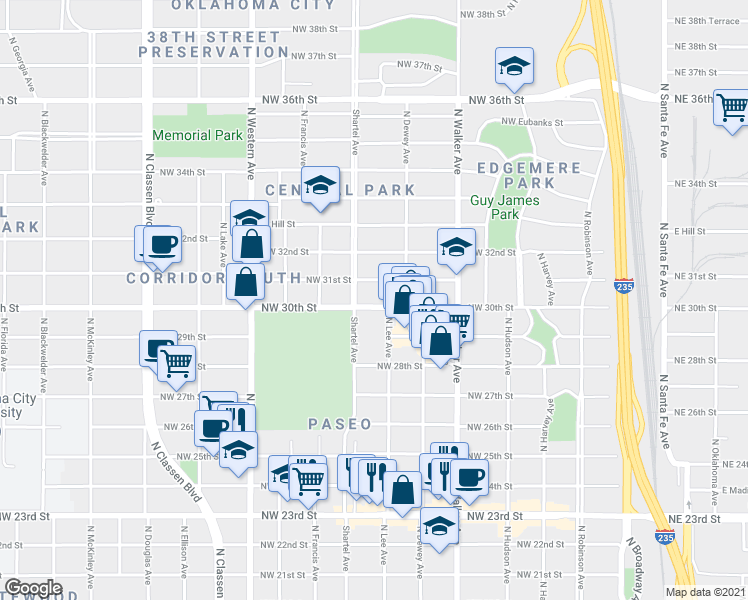 map of restaurants, bars, coffee shops, grocery stores, and more near 619 Northwest 30th Street in Oklahoma City