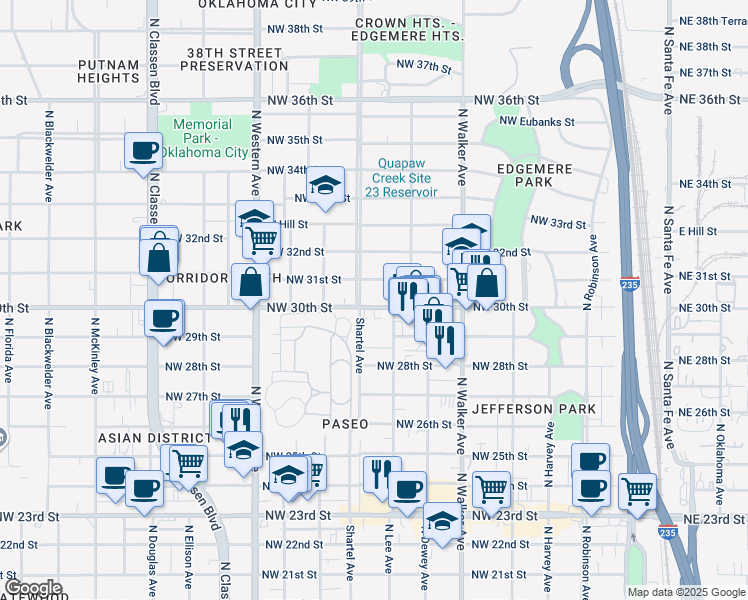 map of restaurants, bars, coffee shops, grocery stores, and more near 3101 North Shartel Avenue in Oklahoma City