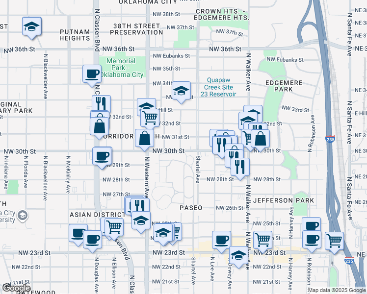 map of restaurants, bars, coffee shops, grocery stores, and more near 901 Northwest 30th Street in Oklahoma City