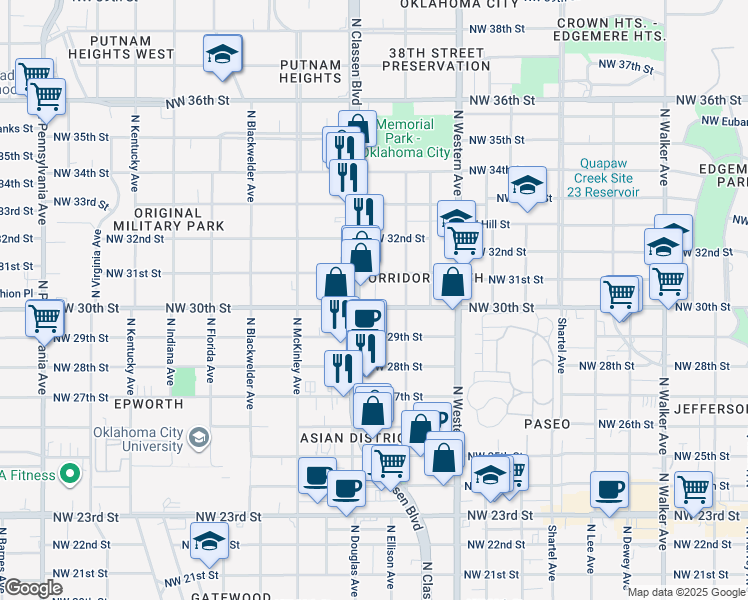 map of restaurants, bars, coffee shops, grocery stores, and more near 1218 Northwest 30th Street in Oklahoma City