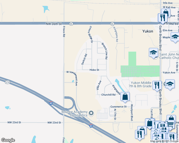 map of restaurants, bars, coffee shops, grocery stores, and more near 1908 Hobo Street in Yukon