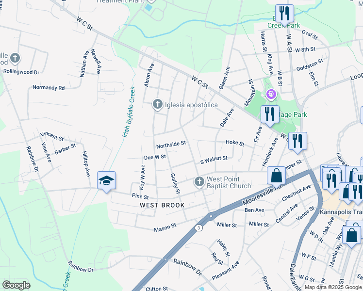 map of restaurants, bars, coffee shops, grocery stores, and more near 1101 Northside Street in Kannapolis