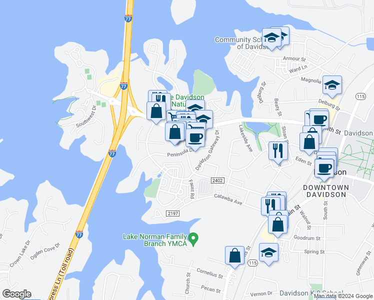 map of restaurants, bars, coffee shops, grocery stores, and more near 536 Jetton Street in Davidson