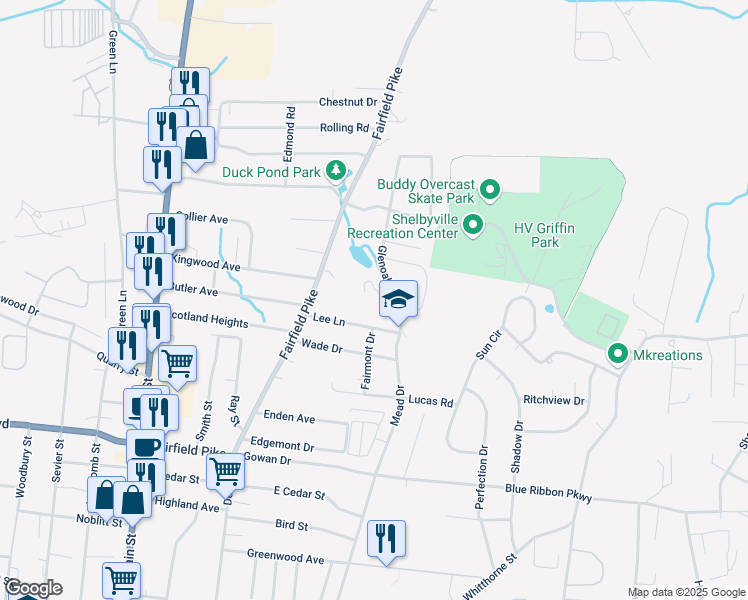 map of restaurants, bars, coffee shops, grocery stores, and more near 1101 Glenoaks Road in Shelbyville