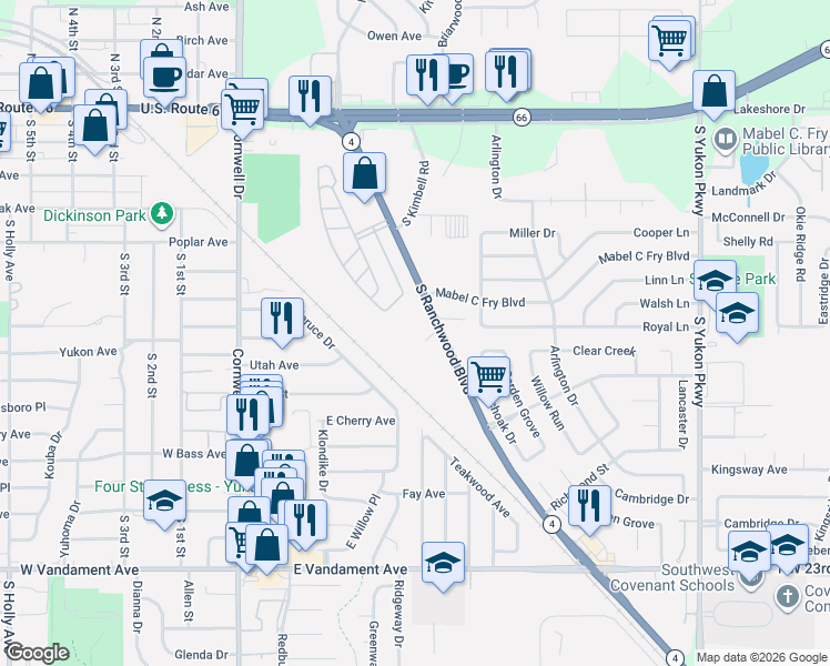 map of restaurants, bars, coffee shops, grocery stores, and more near 450 South Ranchwood Boulevard in Yukon