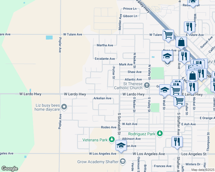 map of restaurants, bars, coffee shops, grocery stores, and more near 100 Clemson Street in Shafter