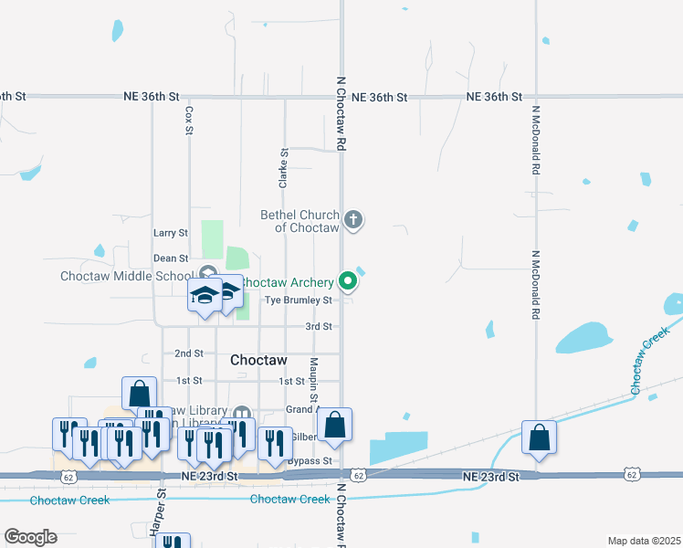 map of restaurants, bars, coffee shops, grocery stores, and more near 2900 North Choctaw Road in Choctaw