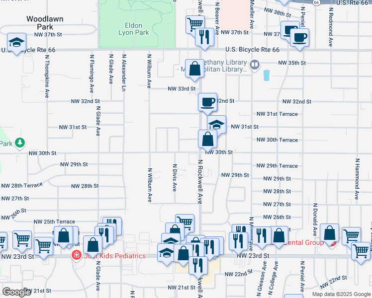 map of restaurants, bars, coffee shops, grocery stores, and more near 7119 Northwest 30th Street in Bethany