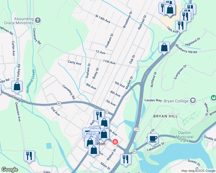 map of restaurants, bars, coffee shops, grocery stores, and more near 1719 Railroad Street in Dayton