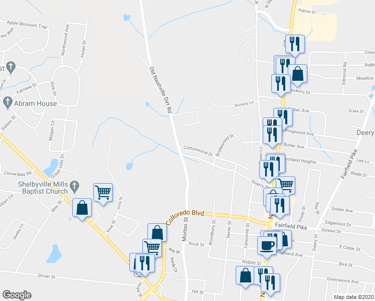 map of restaurants, bars, coffee shops, grocery stores, and more near 313 Cottonwood Drive in Shelbyville