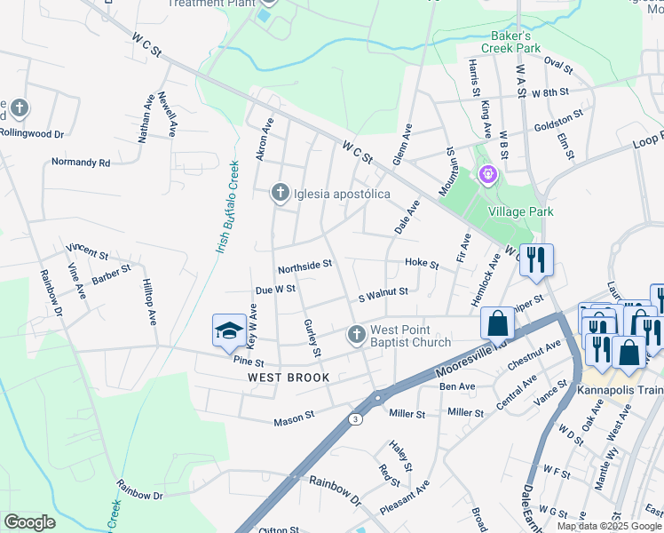 map of restaurants, bars, coffee shops, grocery stores, and more near 1101 Northside Street in Kannapolis