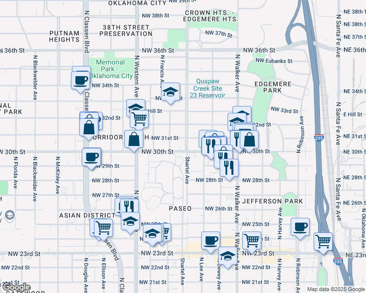 map of restaurants, bars, coffee shops, grocery stores, and more near 3101 North Shartel Avenue in Oklahoma City