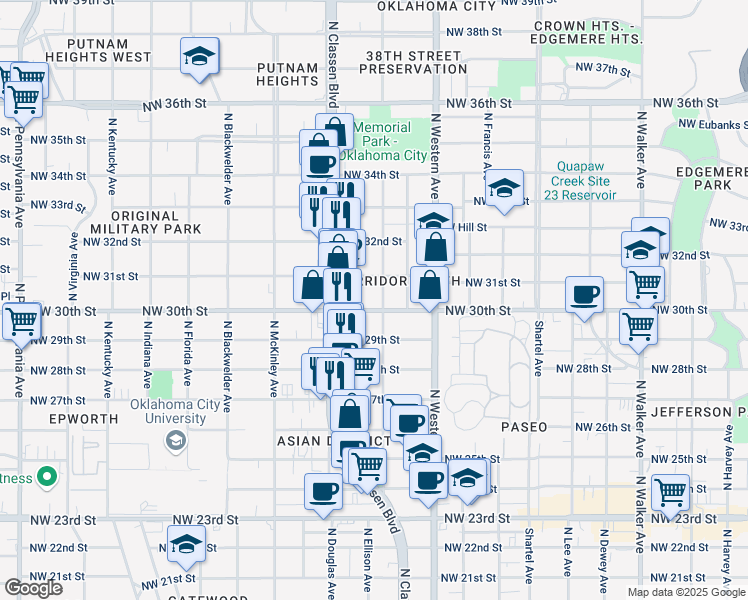map of restaurants, bars, coffee shops, grocery stores, and more near 1218 Northwest 30th Street in Oklahoma City