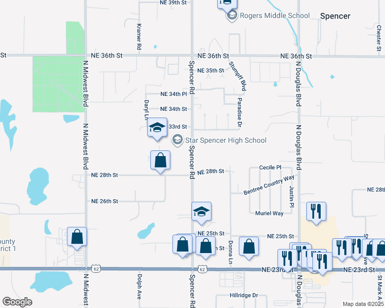 map of restaurants, bars, coffee shops, grocery stores, and more near 3001 Spencer Road in Spencer