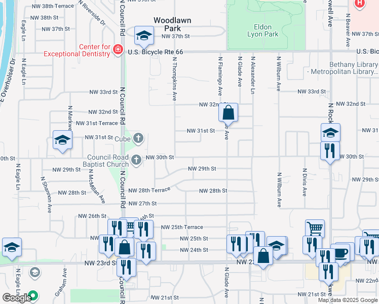 map of restaurants, bars, coffee shops, grocery stores, and more near 7700 Flamingo Avenue in Bethany