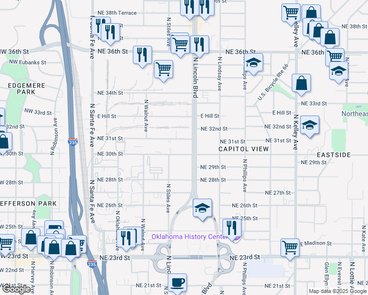 map of restaurants, bars, coffee shops, grocery stores, and more near 3115 North Lincoln Boulevard in Oklahoma City