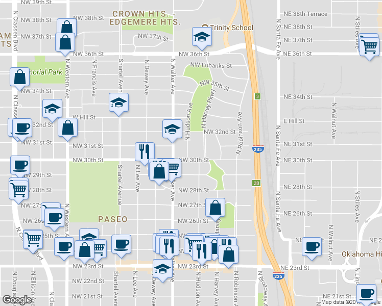 map of restaurants, bars, coffee shops, grocery stores, and more near 412 Northwest 30th Street in Oklahoma City