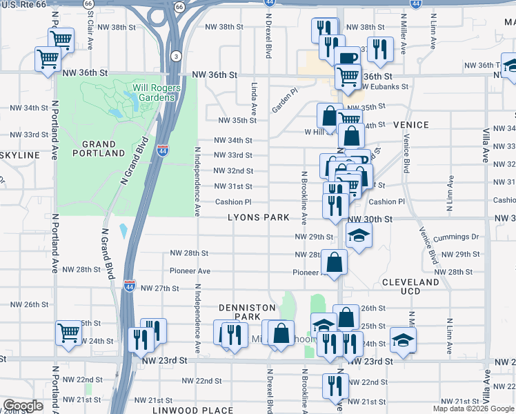 map of restaurants, bars, coffee shops, grocery stores, and more near 3105 Northwest 30th Street in Oklahoma City
