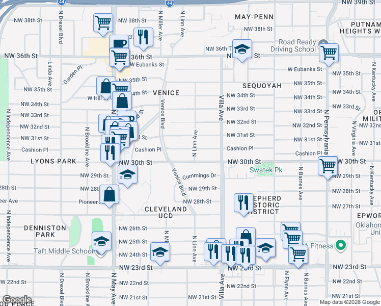 map of restaurants, bars, coffee shops, grocery stores, and more near 2541 Northwest 30th Street in Oklahoma City